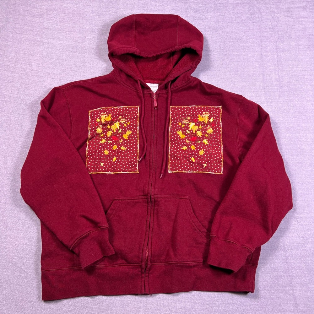 Vintage Sweatshirts Womens Large Maroon Full Zip Hoodie Embroidered Fall Leaves